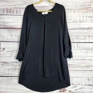 Amanda Uprichard Black Silk Shirt Dress L Flounce Slit Sleeves Minimal Timeless